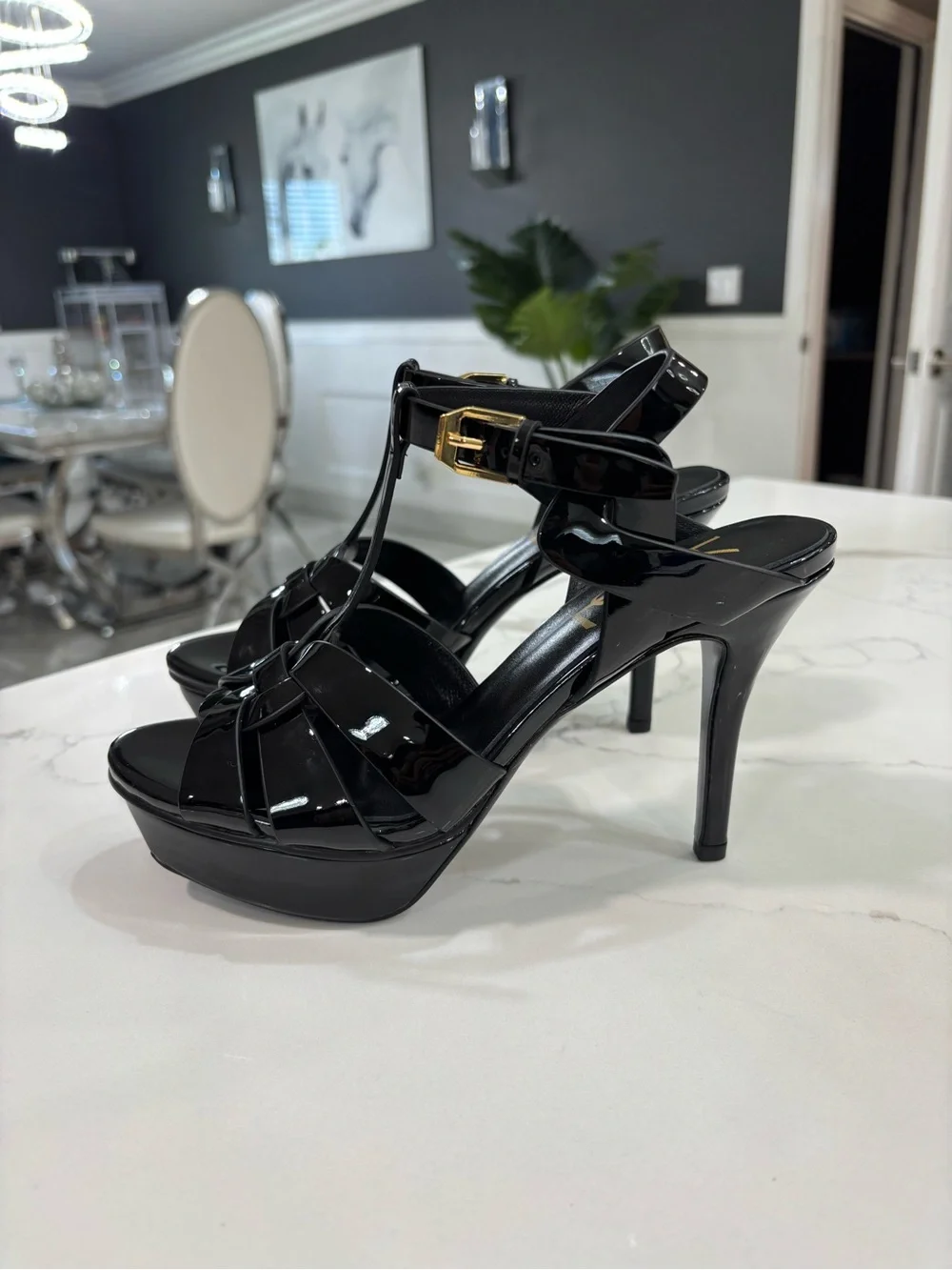 Saint Laurent Black Patent Platform T-Strap Sandals with Gold Buckle - Picture 9 of 12
